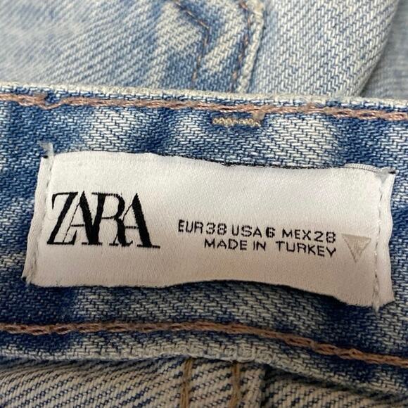 Zara Women's Blue High Waist Frayed Raw Hem Baggy Wide Leg Denim Jeans Pants 6 - Picture 4 of 4